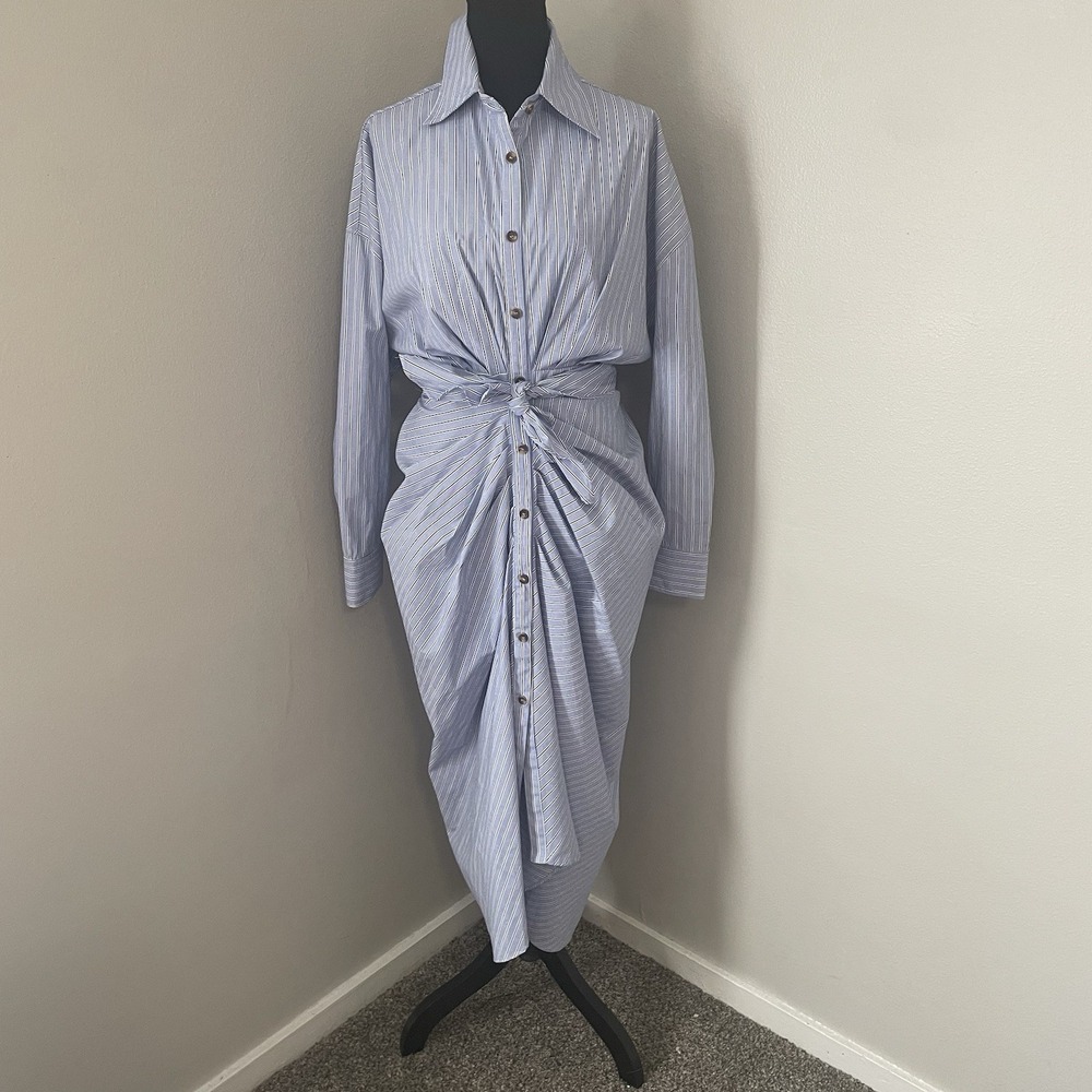 MABLE Sz M Blue/Multi Striped Midi Shirt Dress Front Tie Long Sleeve Coastal - Picture 7 of 15